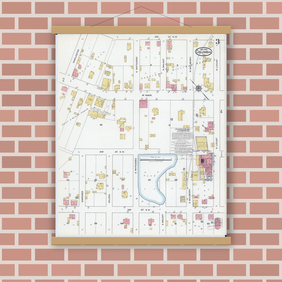 Old map wall art mockup — magnetic wood frame on brick wall — Sanborn Fire Insurance Map from Columbia, Monroe County, Illinois (1919), Sheet #0003