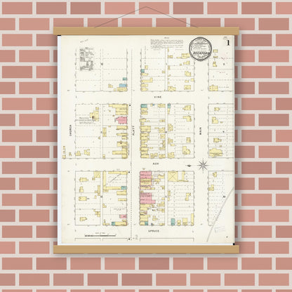 Old map wall art mockup — magnetic wood frame on brick wall — Sanborn Fire Insurance Map from Rockford, Floyd County, Iowa (1894), Sheet #0001