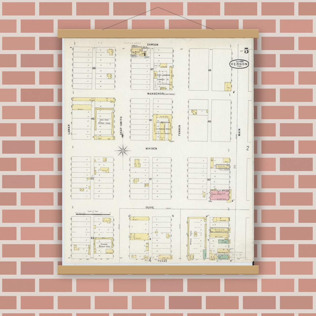 Old map wall art mockup — magnetic wood frame on brick wall — Sanborn Fire Insurance Map from Vernon, Wilbarger County, Texas (1896), Sheet #0005