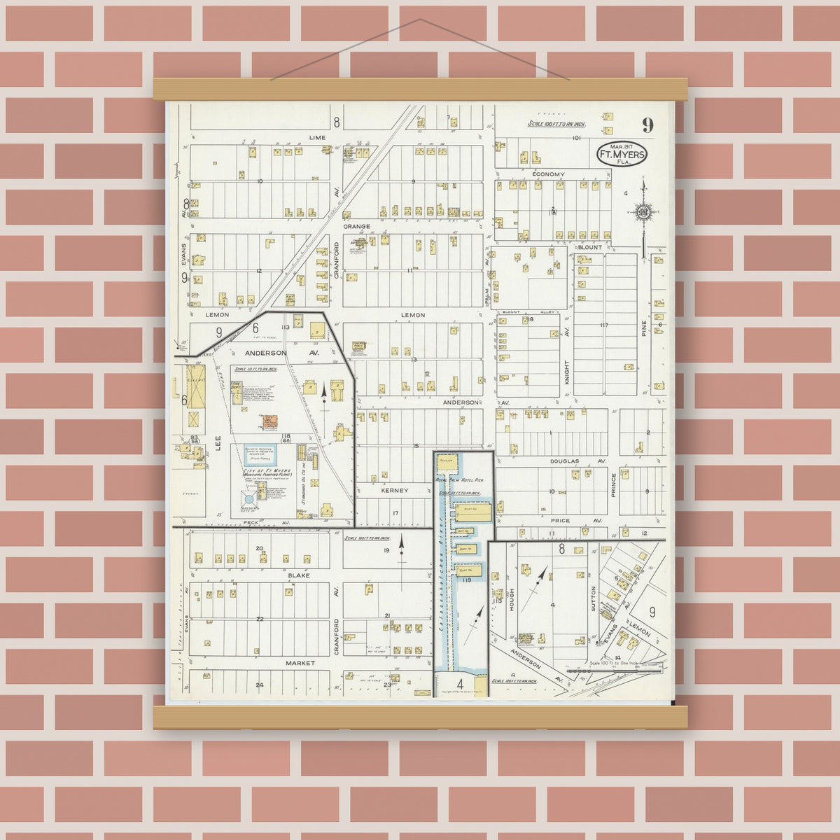 Old map wall art mockup — magnetic wood frame on brick wall — Sanborn Fire Insurance Map from Fort Myers, Lee County, Florida (1917), Sheet #0009