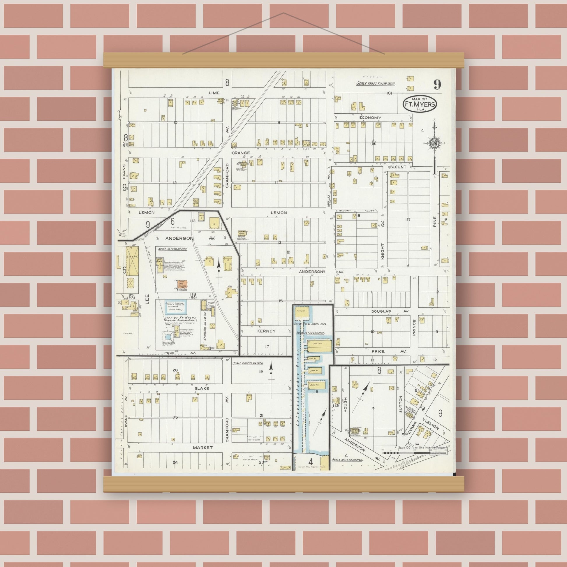 Old map wall art mockup — magnetic wood frame on brick wall — Sanborn Fire Insurance Map from Fort Myers, Lee County, Florida (1917), Sheet #0009