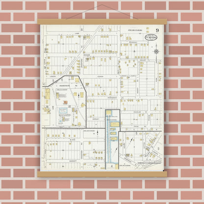 Old map wall art mockup — magnetic wood frame on brick wall — Sanborn Fire Insurance Map from Fort Myers, Lee County, Florida (1917), Sheet #0009