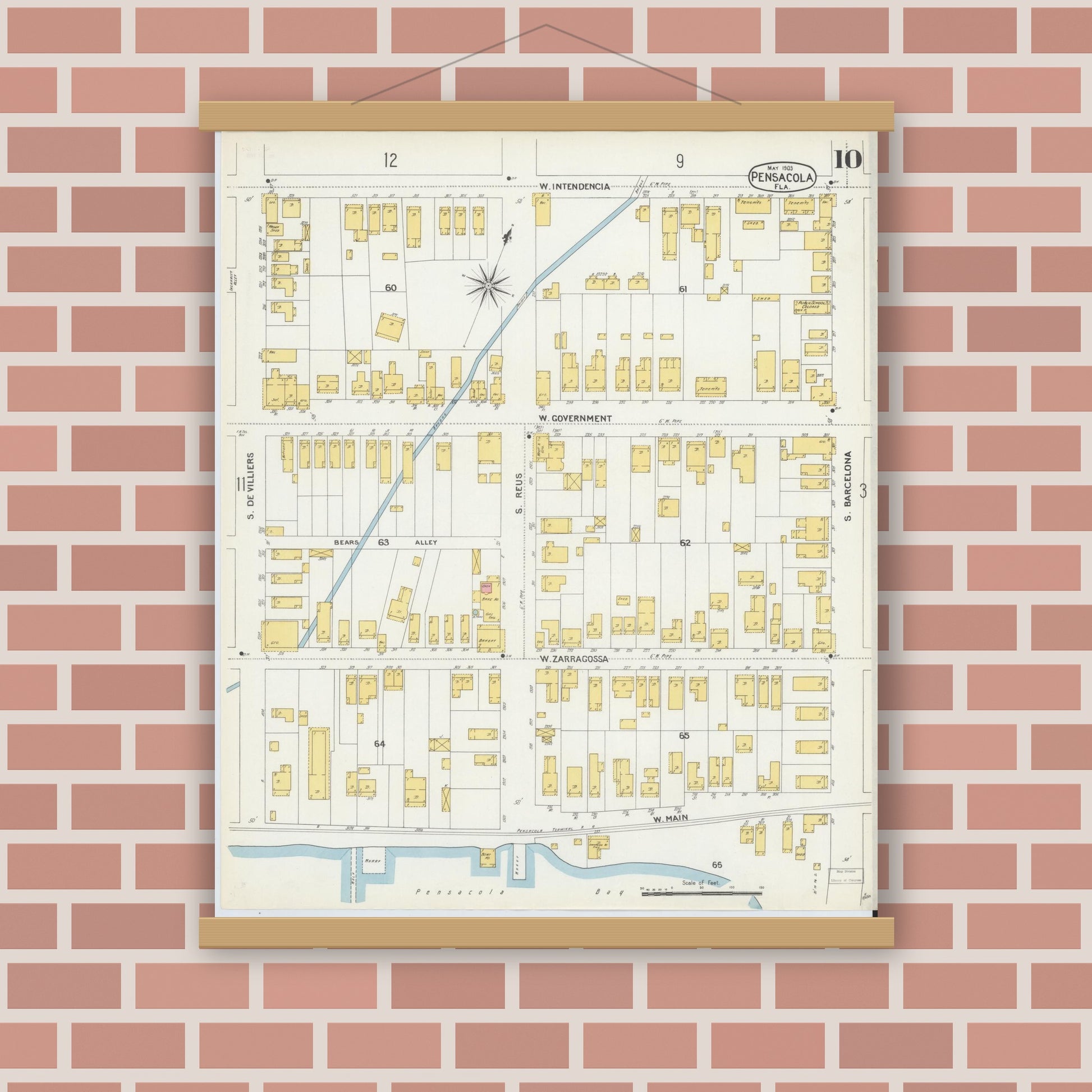 Old map wall art mockup — magnetic wood frame on brick wall — Sanborn Fire Insurance Map from Pensacola, Escambia County, Florida (1903), Sheet #0010