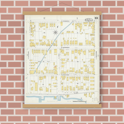 Old map wall art mockup — magnetic wood frame on brick wall — Sanborn Fire Insurance Map from Pensacola, Escambia County, Florida (1903), Sheet #0010