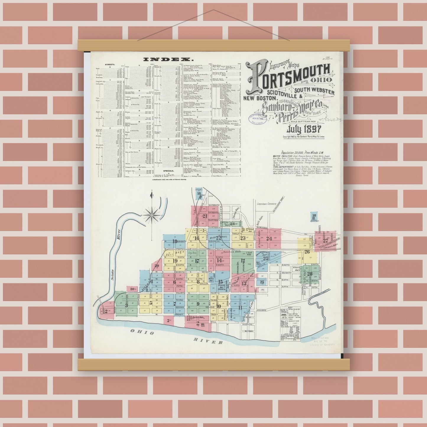 Old map wall art mockup — magnetic wood frame on brick wall — Sanborn Fire Insurance Map from Portsmouth, Scioto County, Ohio (1897) - Complete Map Set