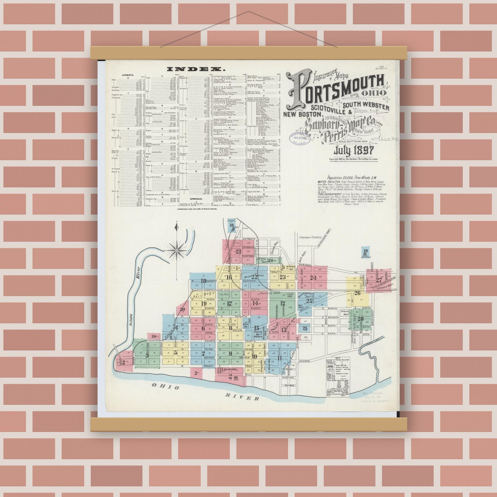 Old map wall art mockup — magnetic wood frame on brick wall — Sanborn Fire Insurance Map from Portsmouth, Scioto County, Ohio (1897) - Complete Map Set