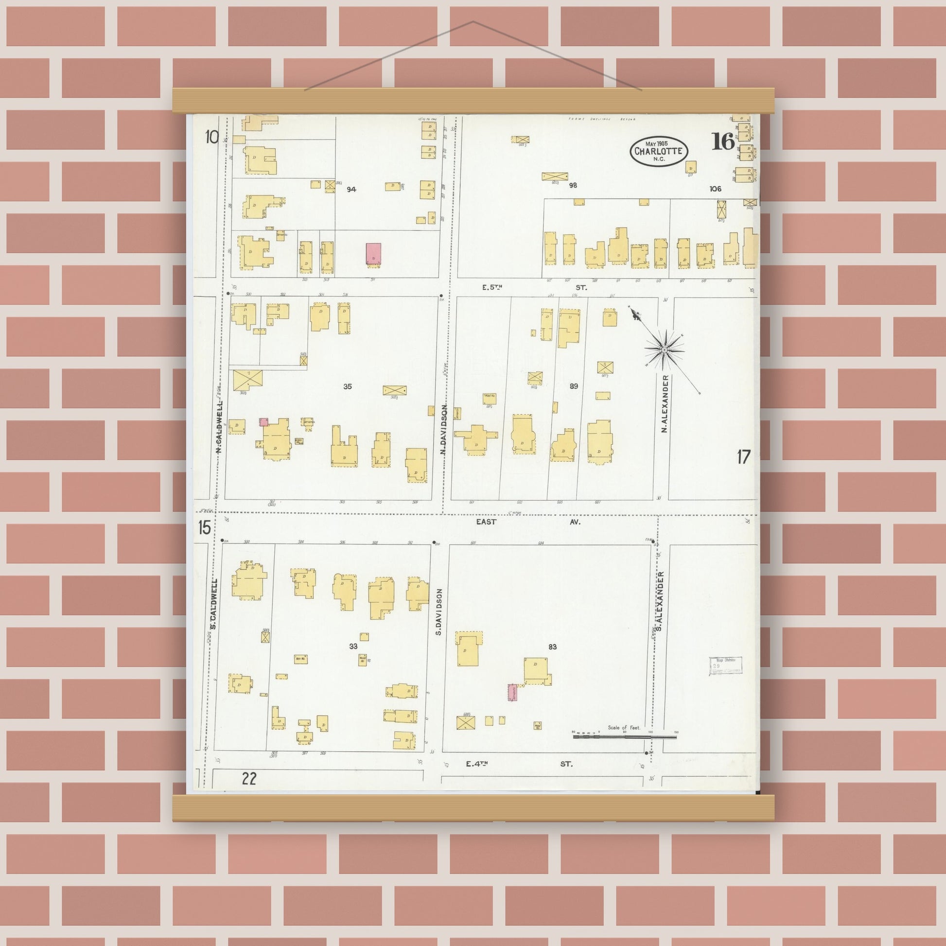 Old map wall art mockup — magnetic wood frame on brick wall — Sanborn Fire Insurance Map from Charlotte, Mecklenburg County, North Carolina (1905), Sheet #0016