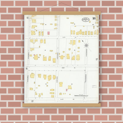 Old map wall art mockup — magnetic wood frame on brick wall — Sanborn Fire Insurance Map from Charlotte, Mecklenburg County, North Carolina (1905), Sheet #0016