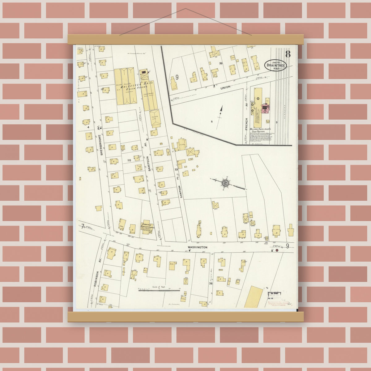 Old map wall art mockup — magnetic wood frame on brick wall — Sanborn Fire Insurance Map from Braintree, Norfolk County, Massachusetts (1911), Sheet #0008