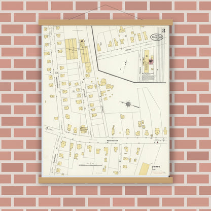 Old map wall art mockup — magnetic wood frame on brick wall — Sanborn Fire Insurance Map from Braintree, Norfolk County, Massachusetts (1911), Sheet #0008