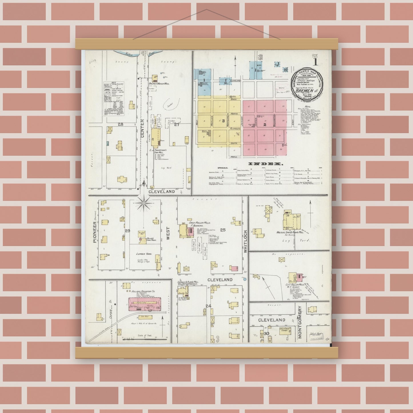 Old map wall art mockup — magnetic wood frame on brick wall — Sanborn Fire Insurance Map from Bremen, Marshall County, Indiana (1892) - Complete Map Set