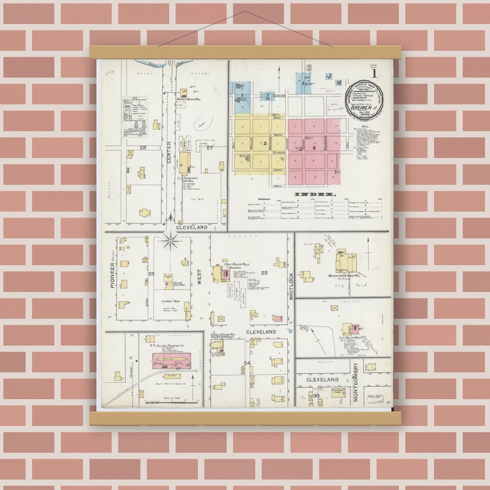 Old map wall art mockup — magnetic wood frame on brick wall — Sanborn Fire Insurance Map from Bremen, Marshall County, Indiana (1892) - Complete Map Set