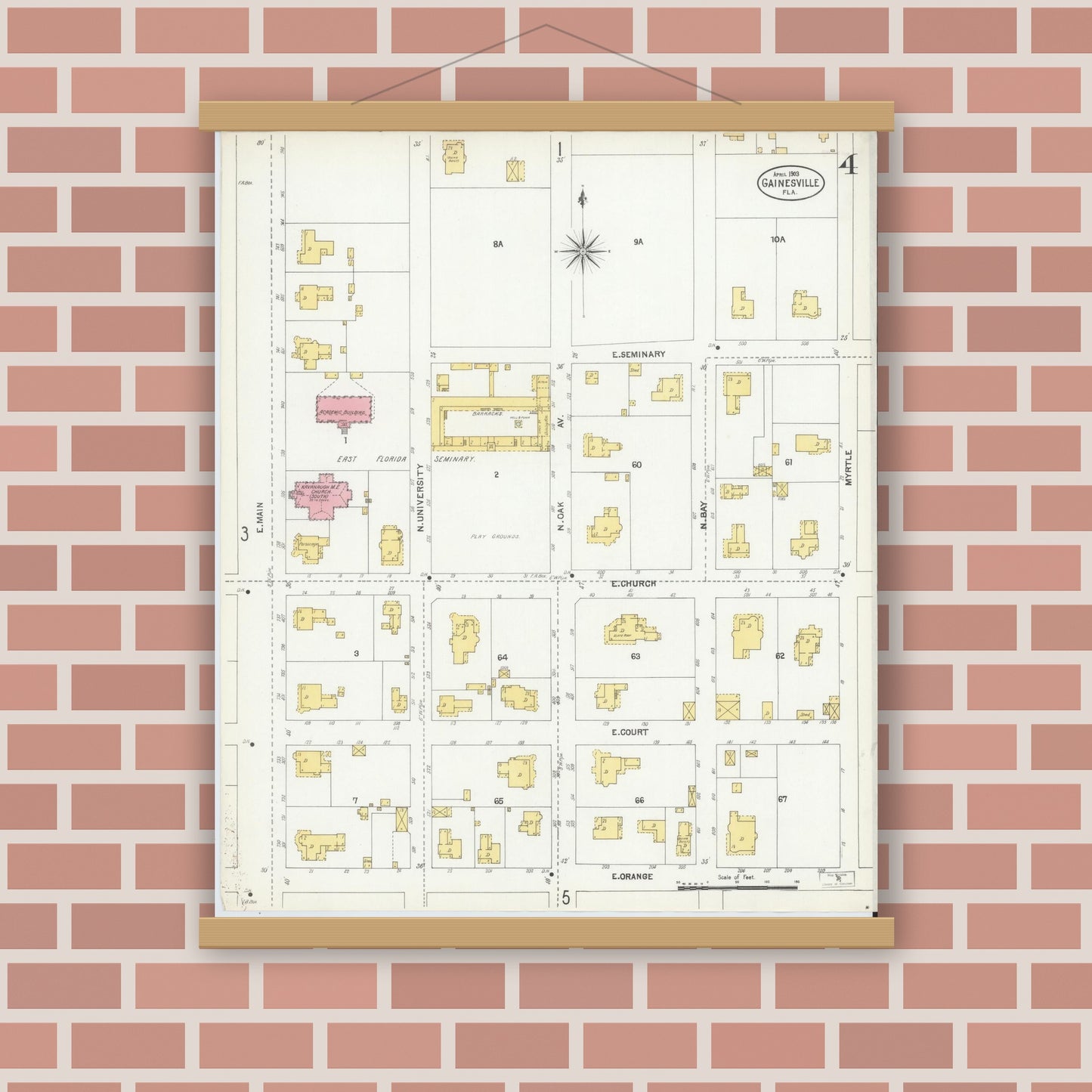 Old map wall art mockup — magnetic wood frame on brick wall — Sanborn Fire Insurance Map from Gainesville, Alachua County, Florida (1903), Sheet #0004