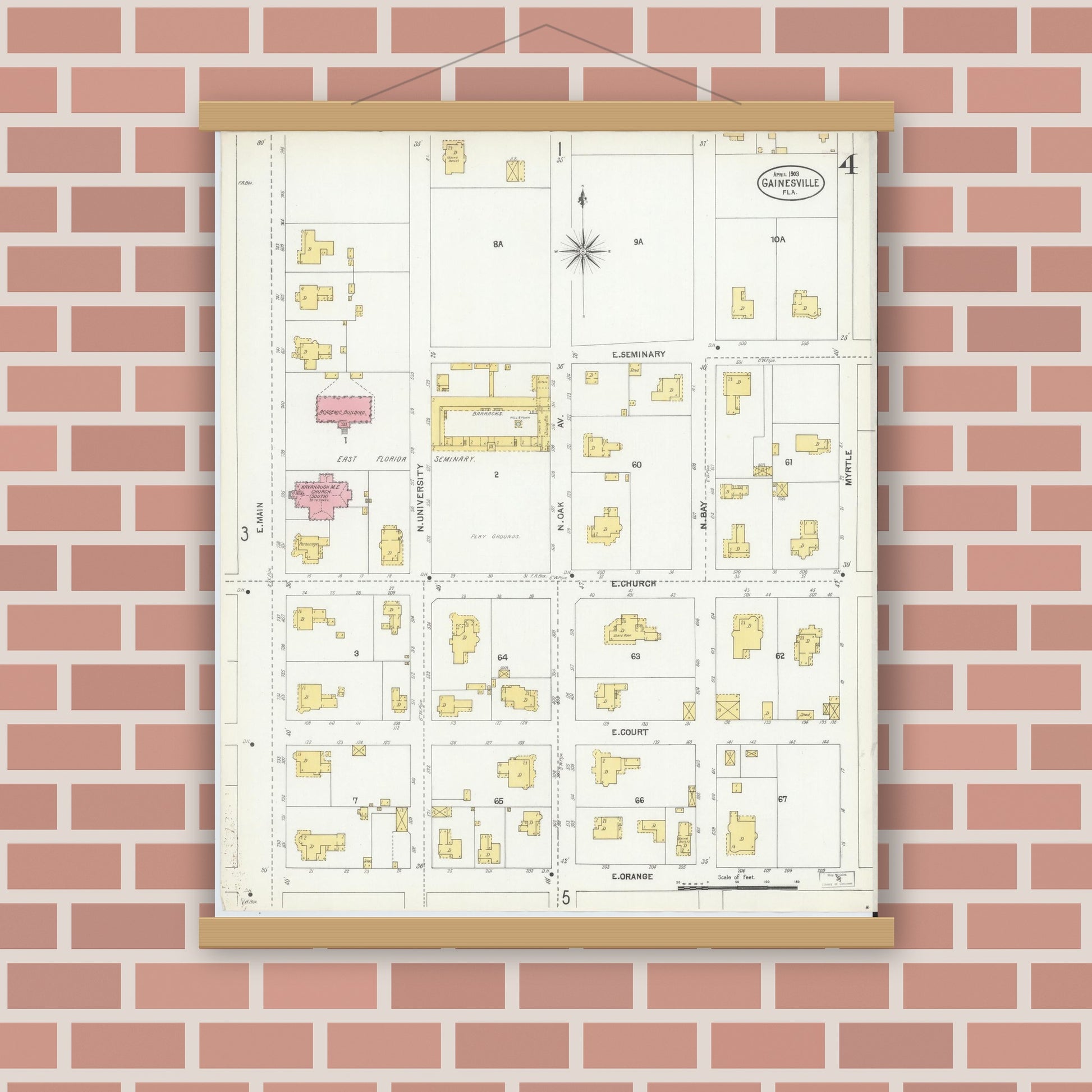 Old map wall art mockup — magnetic wood frame on brick wall — Sanborn Fire Insurance Map from Gainesville, Alachua County, Florida (1903), Sheet #0004