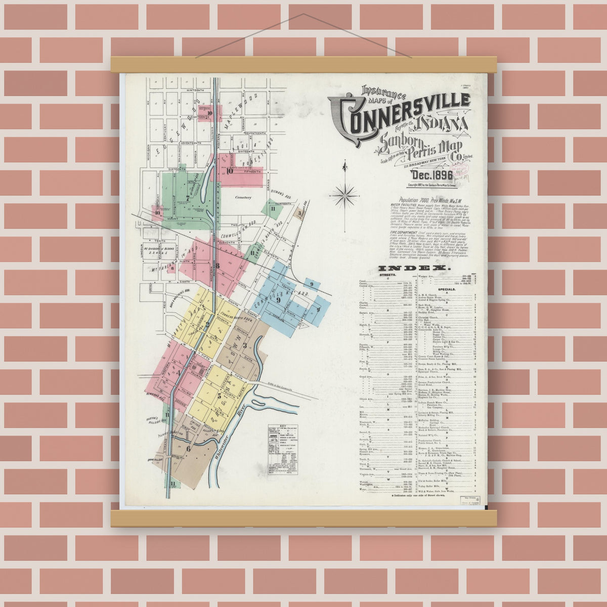 Old map wall art mockup — magnetic wood frame on brick wall — Sanborn Fire Insurance Map from Connersville, Fayette County, Indiana (1896) - Complete Map Set