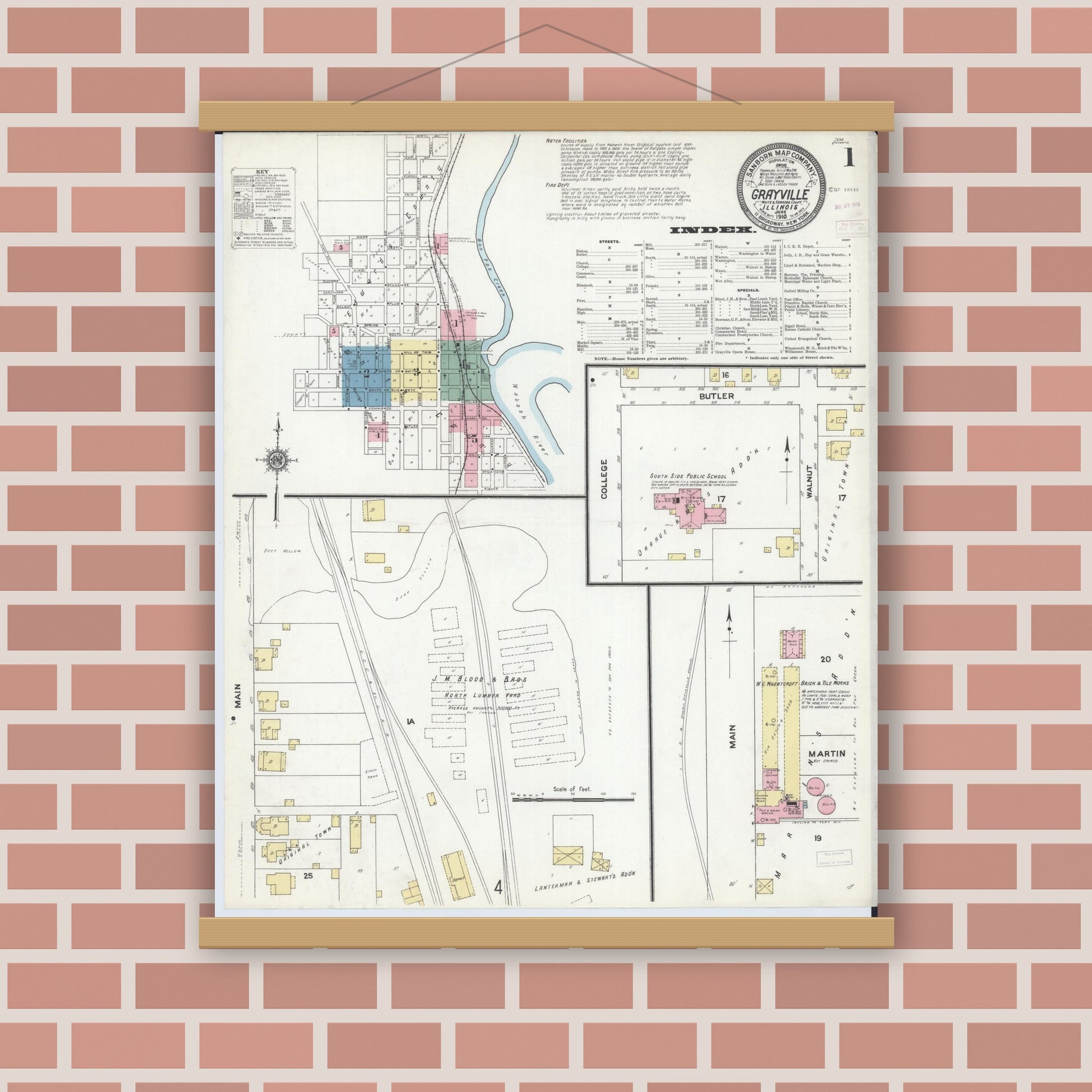 Old map wall art mockup — magnetic wood frame on brick wall — Sanborn Fire Insurance Map from Grayville, White And Edwards Counties, Illinois (1910), Sheet #0001
