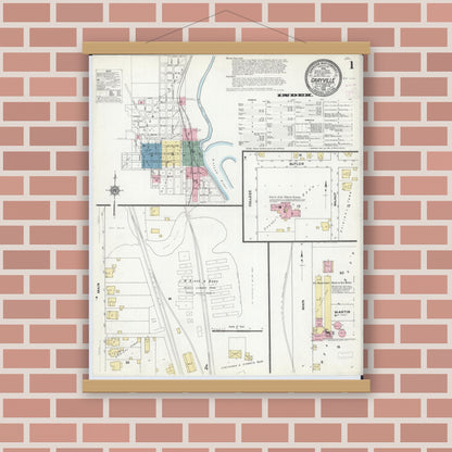 Old map wall art mockup — magnetic wood frame on brick wall — Sanborn Fire Insurance Map from Grayville, White And Edwards Counties, Illinois (1910), Sheet #0001