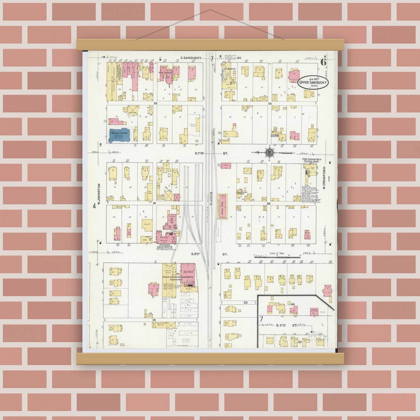 Old map wall art mockup — magnetic wood frame on brick wall — Sanborn Fire Insurance Map from Upper Sandusky, Wyandot County, Ohio (1911), Sheet #0006