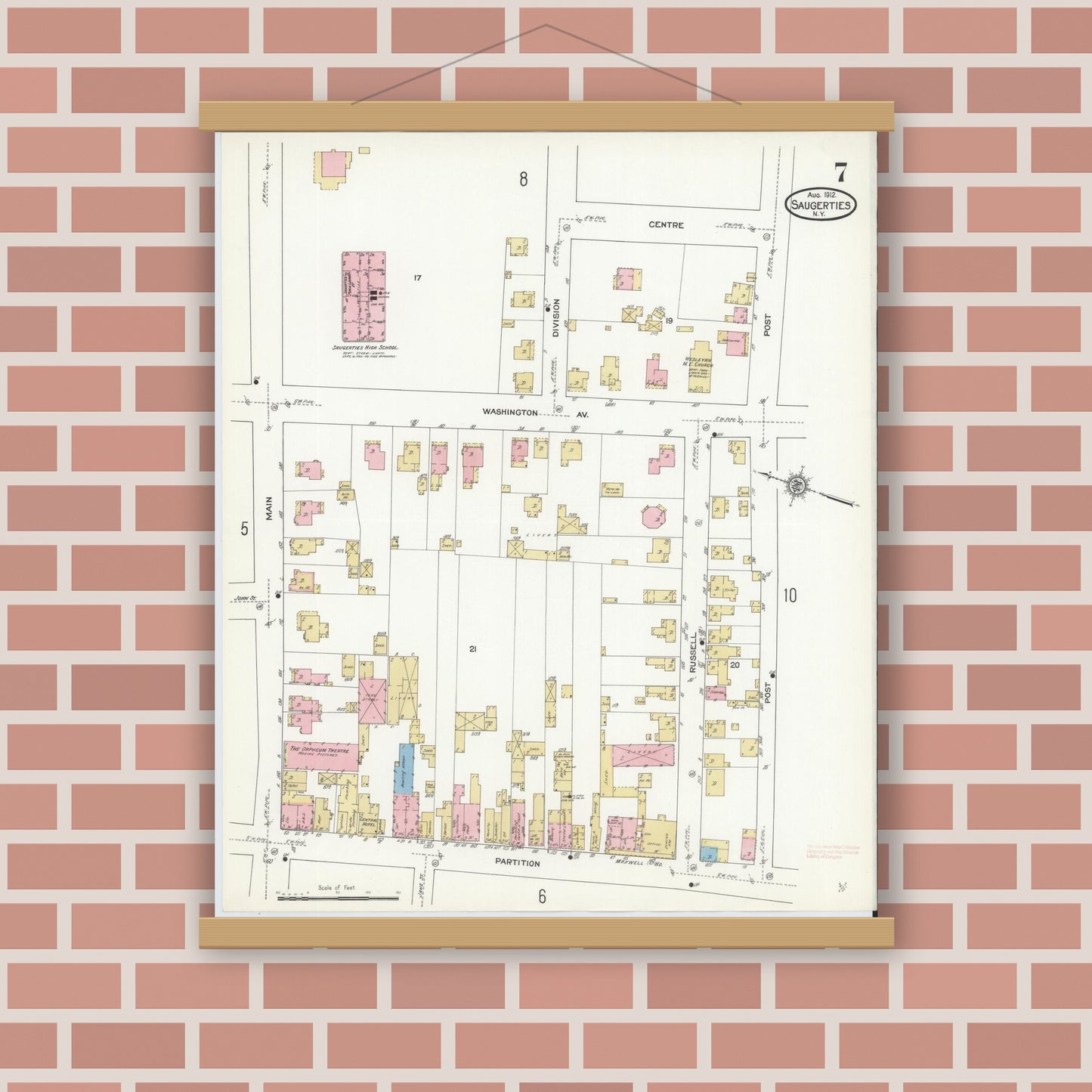 Old map wall art mockup — magnetic wood frame on brick wall — Sanborn Fire Insurance Map from Saugerties, Ulster County, New York (1912), Sheet #0007