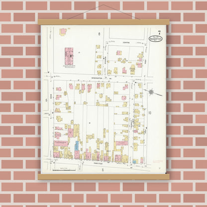 Old map wall art mockup — magnetic wood frame on brick wall — Sanborn Fire Insurance Map from Saugerties, Ulster County, New York (1912), Sheet #0007