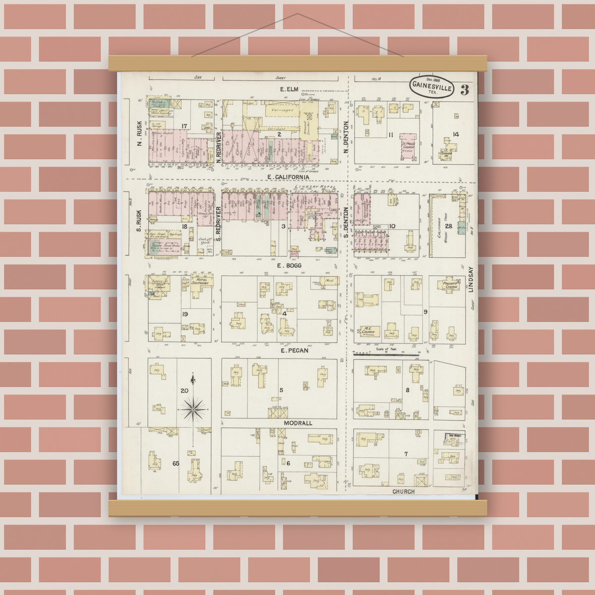Old map wall art mockup — magnetic wood frame on brick wall — Sanborn Fire Insurance Map from Gainesville, Cooke County, Texas (1888), Sheet #0003