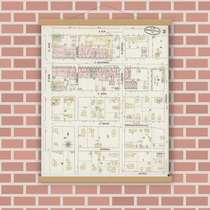 Old map wall art mockup — magnetic wood frame on brick wall — Sanborn Fire Insurance Map from Gainesville, Cooke County, Texas (1888), Sheet #0003