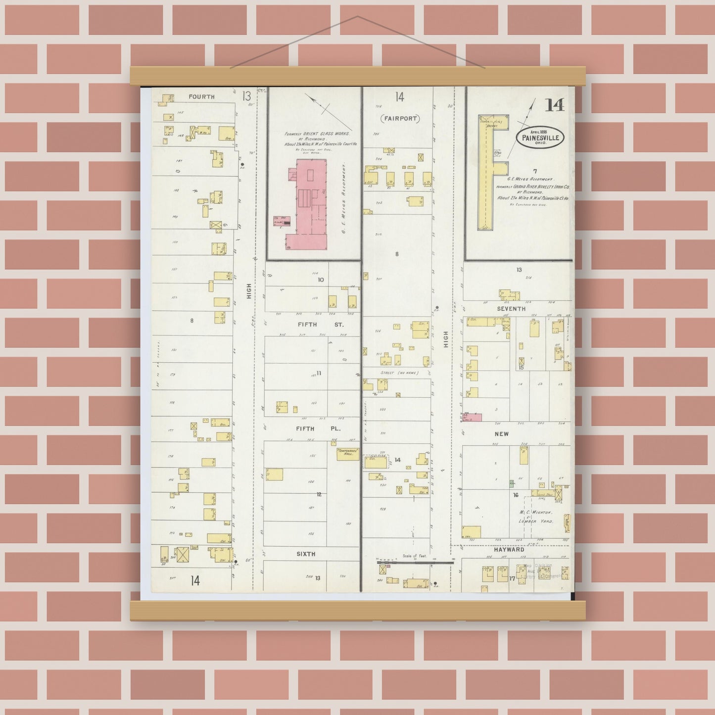 Old map wall art mockup — magnetic wood frame on brick wall — Sanborn Fire Insurance Map from Painesville, Lake County, Ohio (1898), Sheet #0014