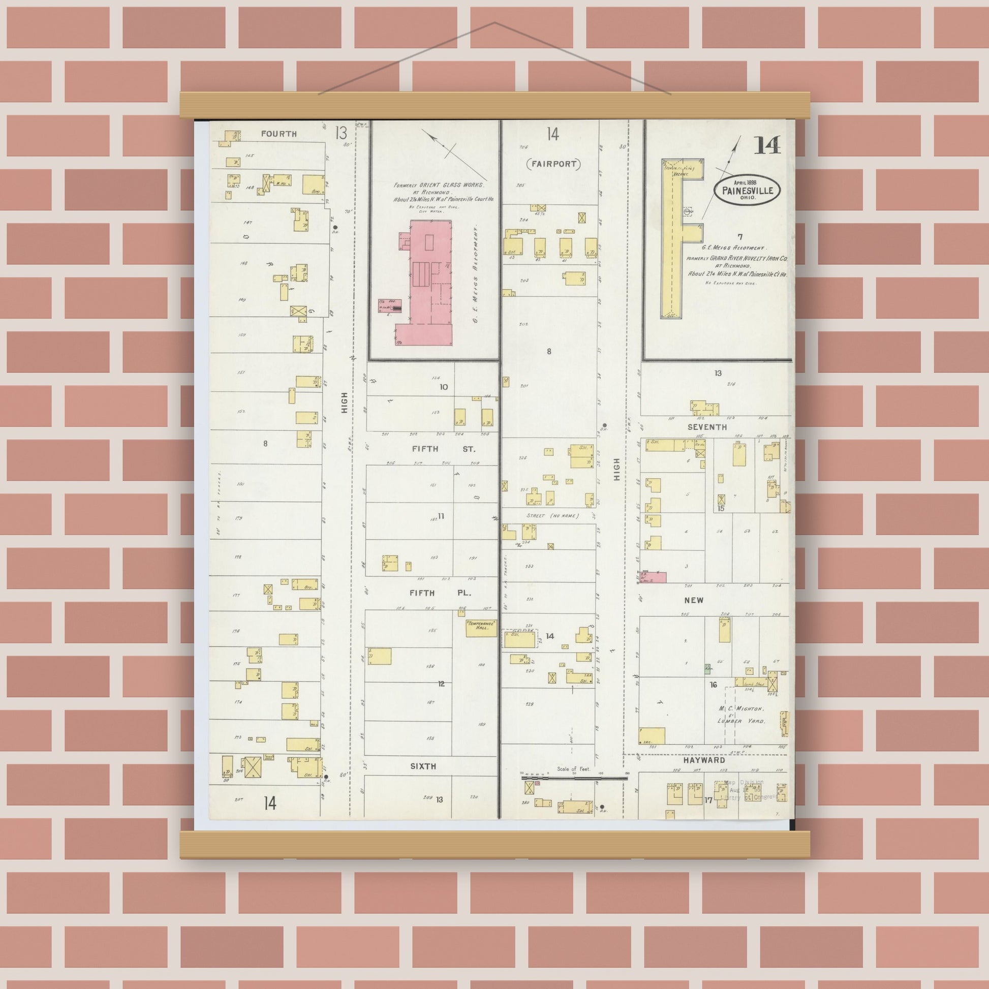 Old map wall art mockup — magnetic wood frame on brick wall — Sanborn Fire Insurance Map from Painesville, Lake County, Ohio (1898), Sheet #0014
