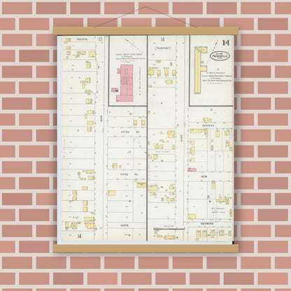 Old map wall art mockup — magnetic wood frame on brick wall — Sanborn Fire Insurance Map from Painesville, Lake County, Ohio (1898), Sheet #0014
