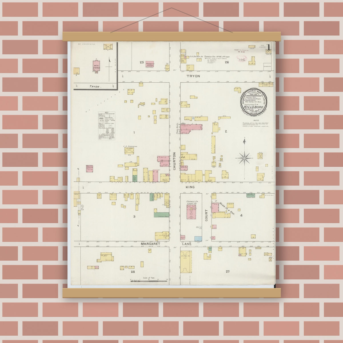 Old map wall art mockup — magnetic wood frame on brick wall — Sanborn Fire Insurance Map from Hillsboro, Orange County, North Carolina (1894) - Complete Map Set