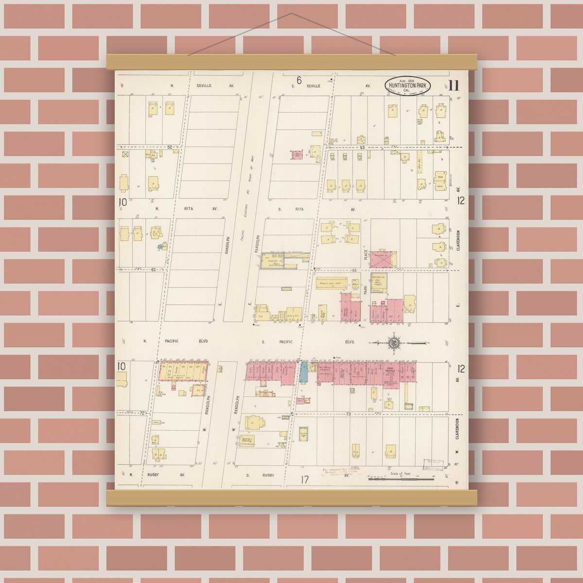 Old map wall art mockup — magnetic wood frame on brick wall — Sanborn Fire Insurance Map from Huntington Park, Los Angeles County, California (1916), Sheet #0011