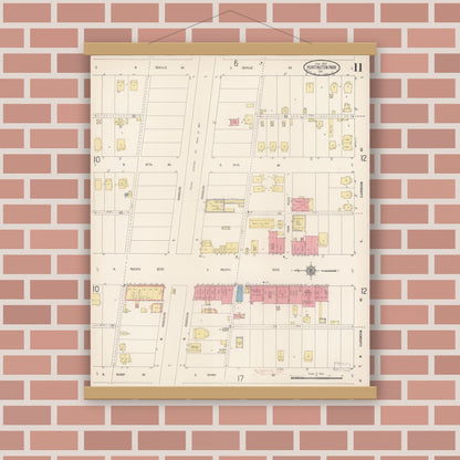 Old map wall art mockup — magnetic wood frame on brick wall — Sanborn Fire Insurance Map from Huntington Park, Los Angeles County, California (1916), Sheet #0011