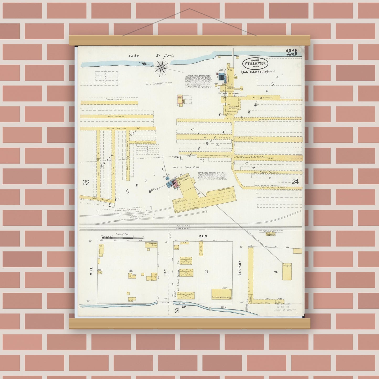 Old map wall art mockup — magnetic wood frame on brick wall — Sanborn Fire Insurance Map from Stillwater, Washington County, Minnesota (1898), Sheet #0023
