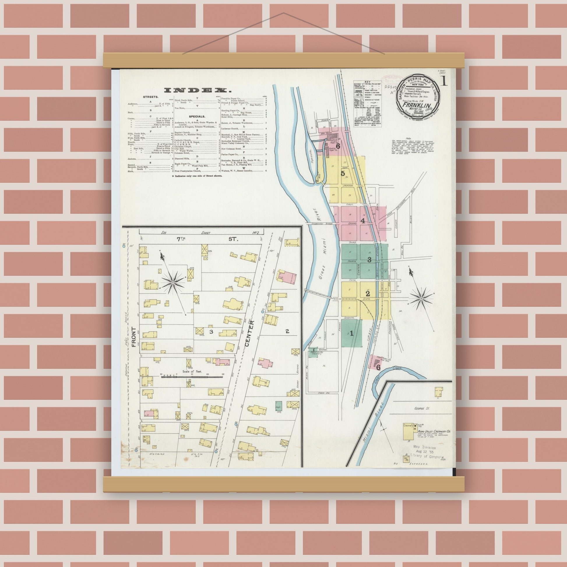 Old map wall art mockup — magnetic wood frame on brick wall — Sanborn Fire Insurance Map from Franklin, Warren County, Ohio (1892) - Complete Map Set