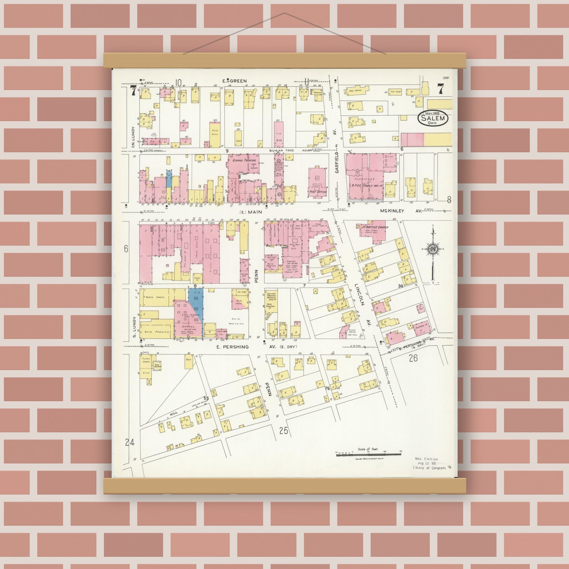 Old map wall art mockup — magnetic wood frame on brick wall — Sanborn Fire Insurance Map from Salem, Columbiana County, Ohio (1926), Sheet #0007