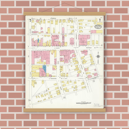Old map wall art mockup — magnetic wood frame on brick wall — Sanborn Fire Insurance Map from Salem, Columbiana County, Ohio (1926), Sheet #0007