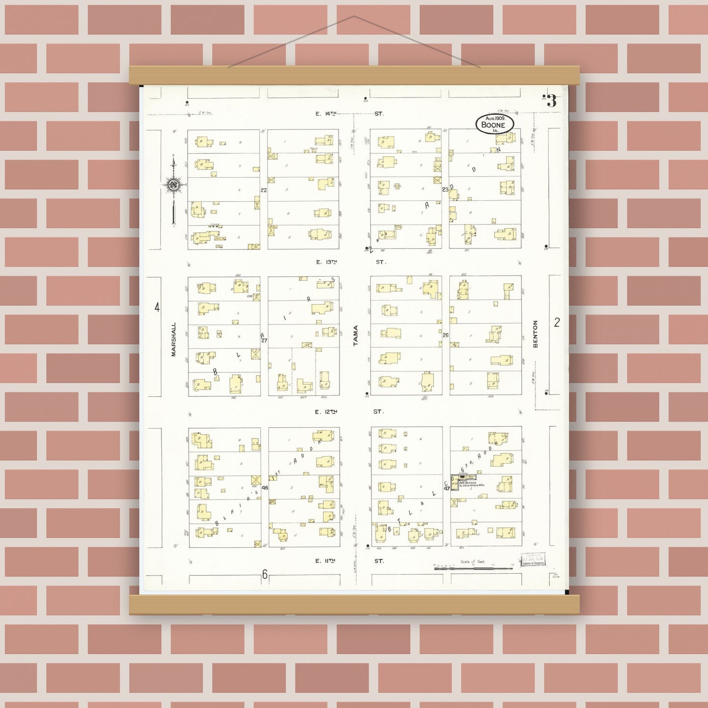 Old map wall art mockup — magnetic wood frame on brick wall — Sanborn Fire Insurance Map from Boone, Boone County, Iowa (1909), Sheet #0003