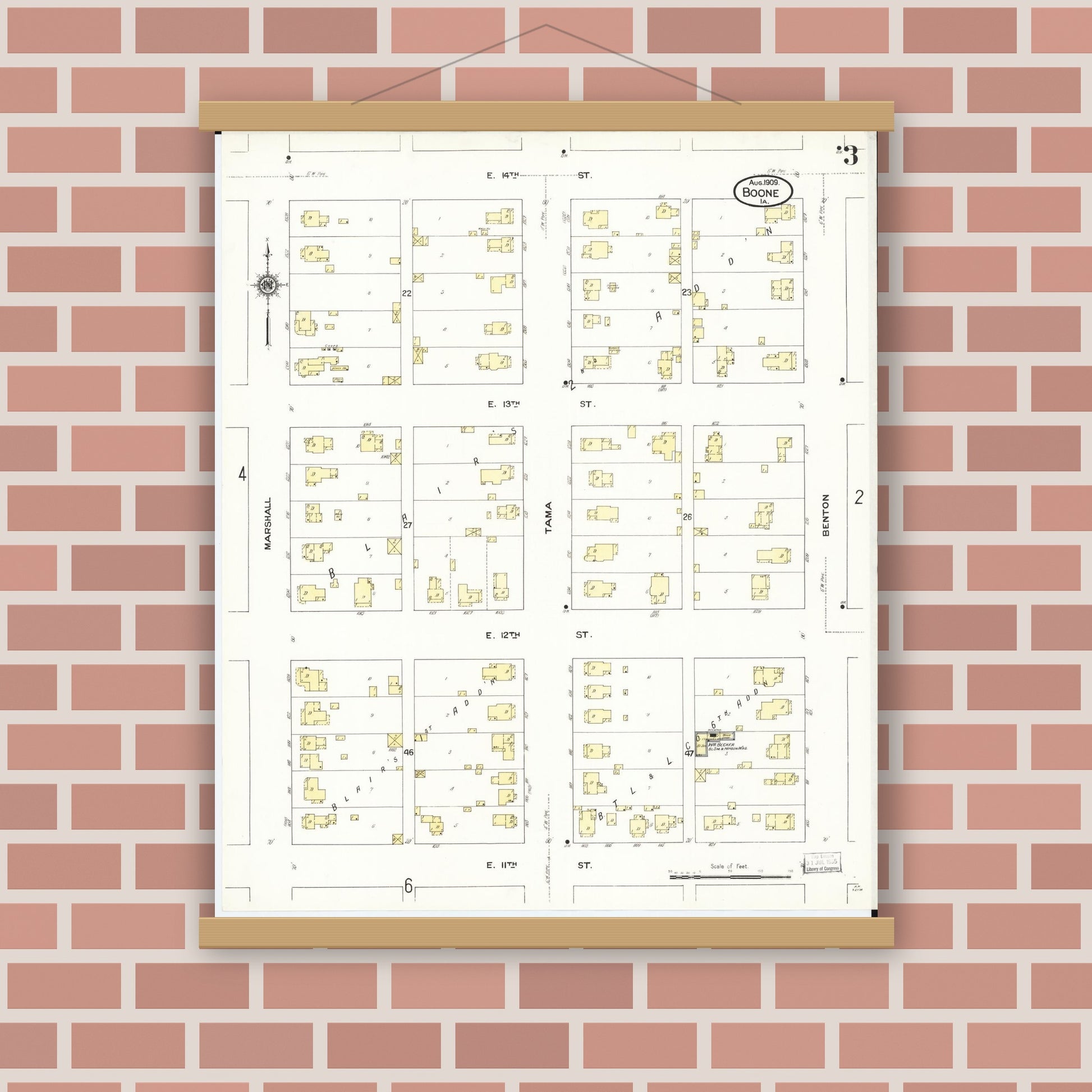 Old map wall art mockup — magnetic wood frame on brick wall — Sanborn Fire Insurance Map from Boone, Boone County, Iowa (1909), Sheet #0003