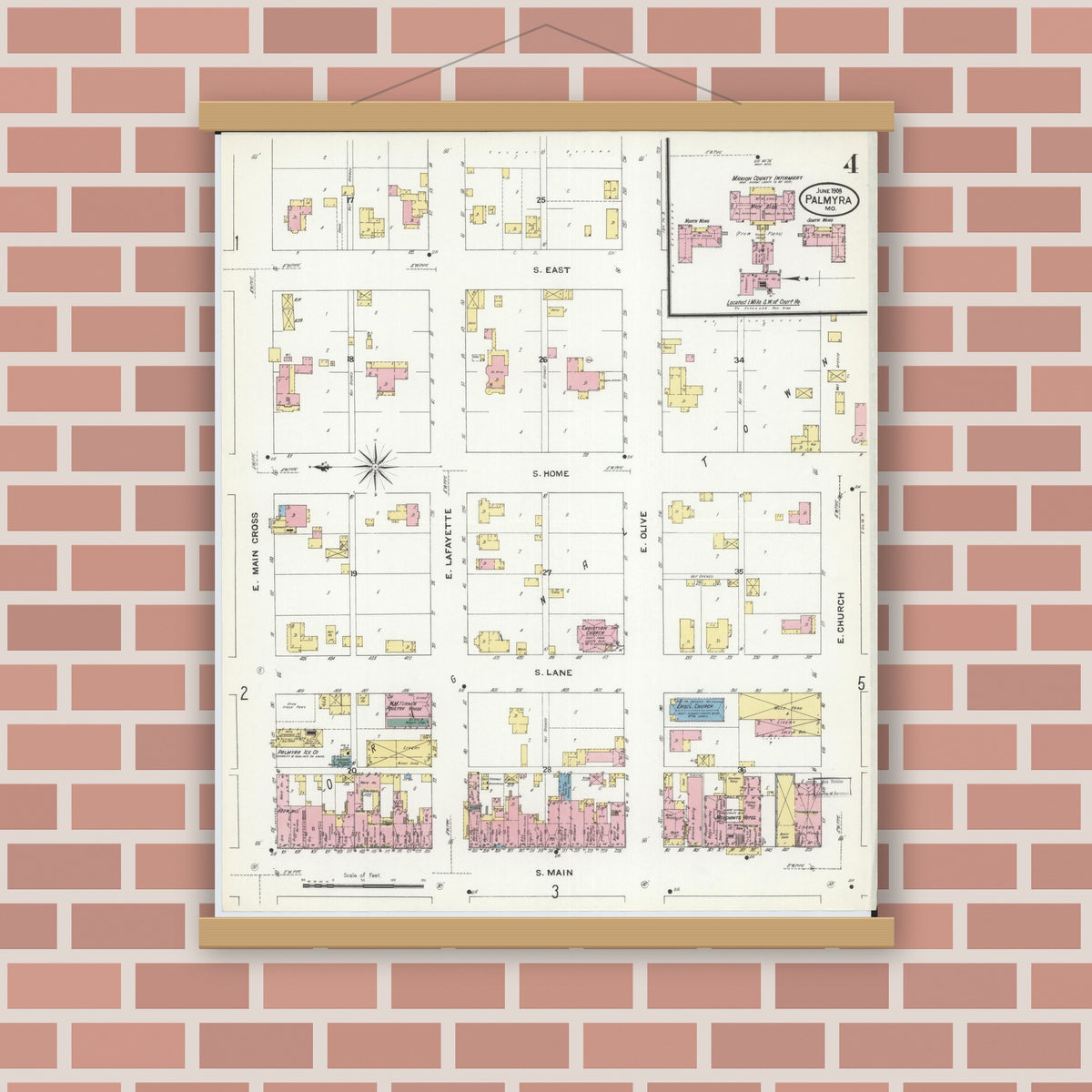 Old map wall art mockup — magnetic wood frame on brick wall — Sanborn Fire Insurance Map from Palmyra, Marion County, Missouri (1909), Sheet #0004