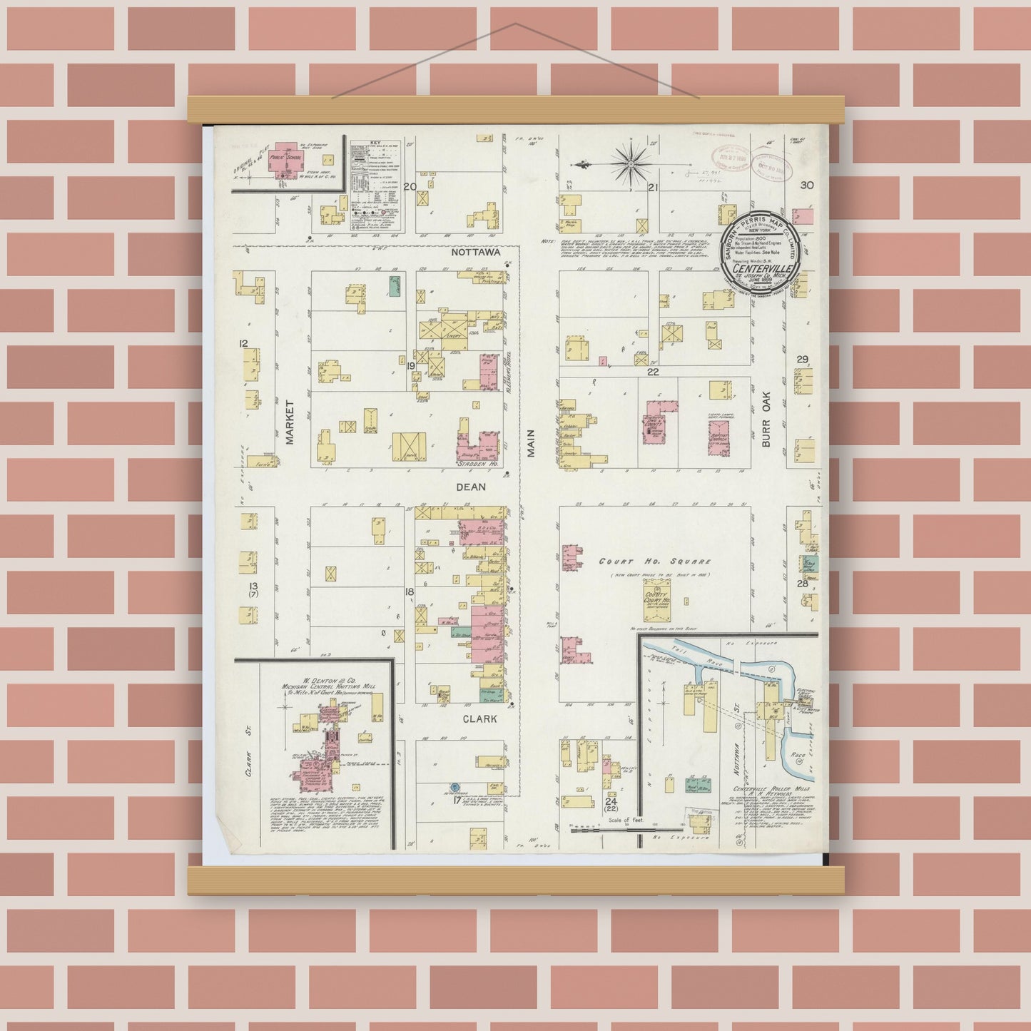 Old map wall art mockup — magnetic wood frame on brick wall — Sanborn Fire Insurance Map from Centreville, Saint Joseph County, Michigan (1899), Sheet #0001