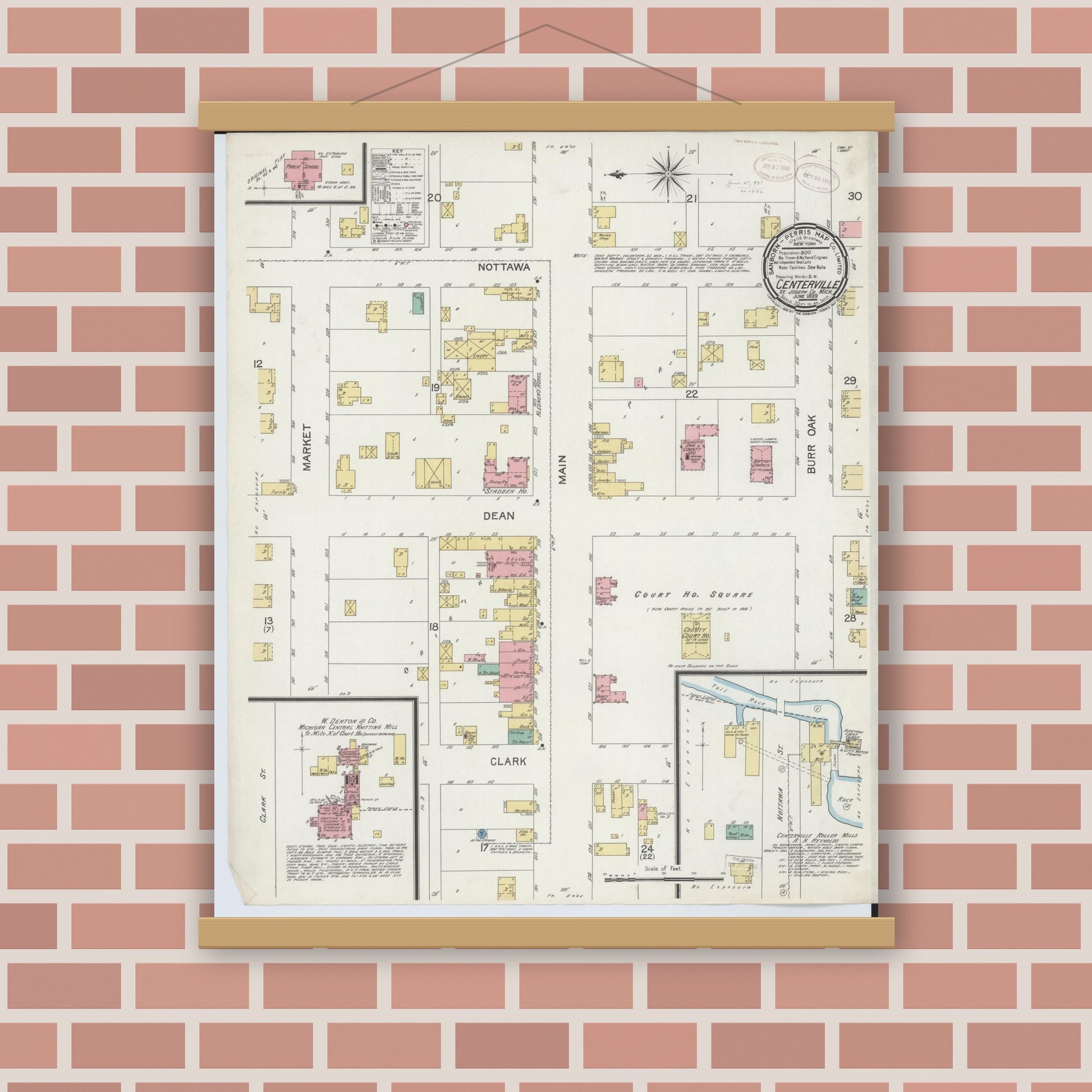 Old map wall art mockup — magnetic wood frame on brick wall — Sanborn Fire Insurance Map from Centreville, Saint Joseph County, Michigan (1899), Sheet #0001
