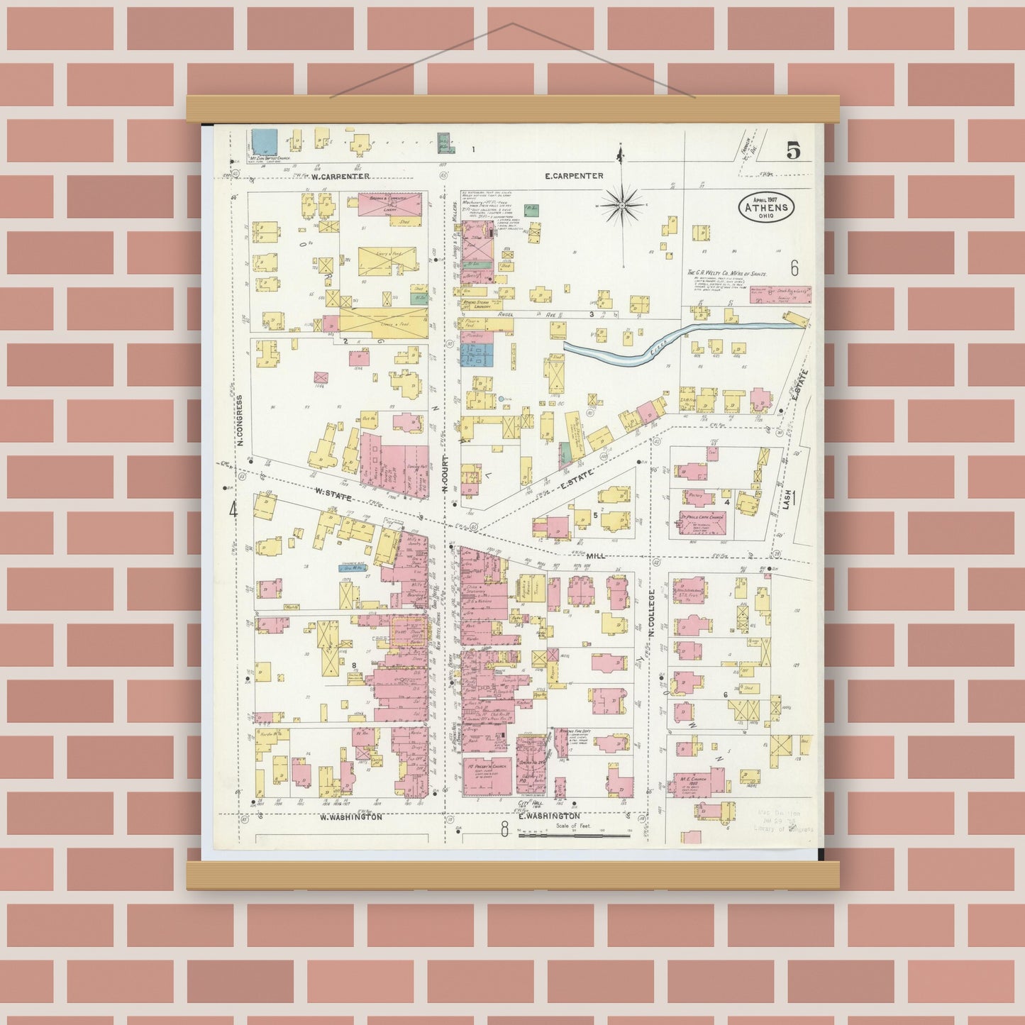 Old map wall art mockup — magnetic wood frame on brick wall — Sanborn Fire Insurance Map from Athens, Athens County, Ohio (1907), Sheet #0005