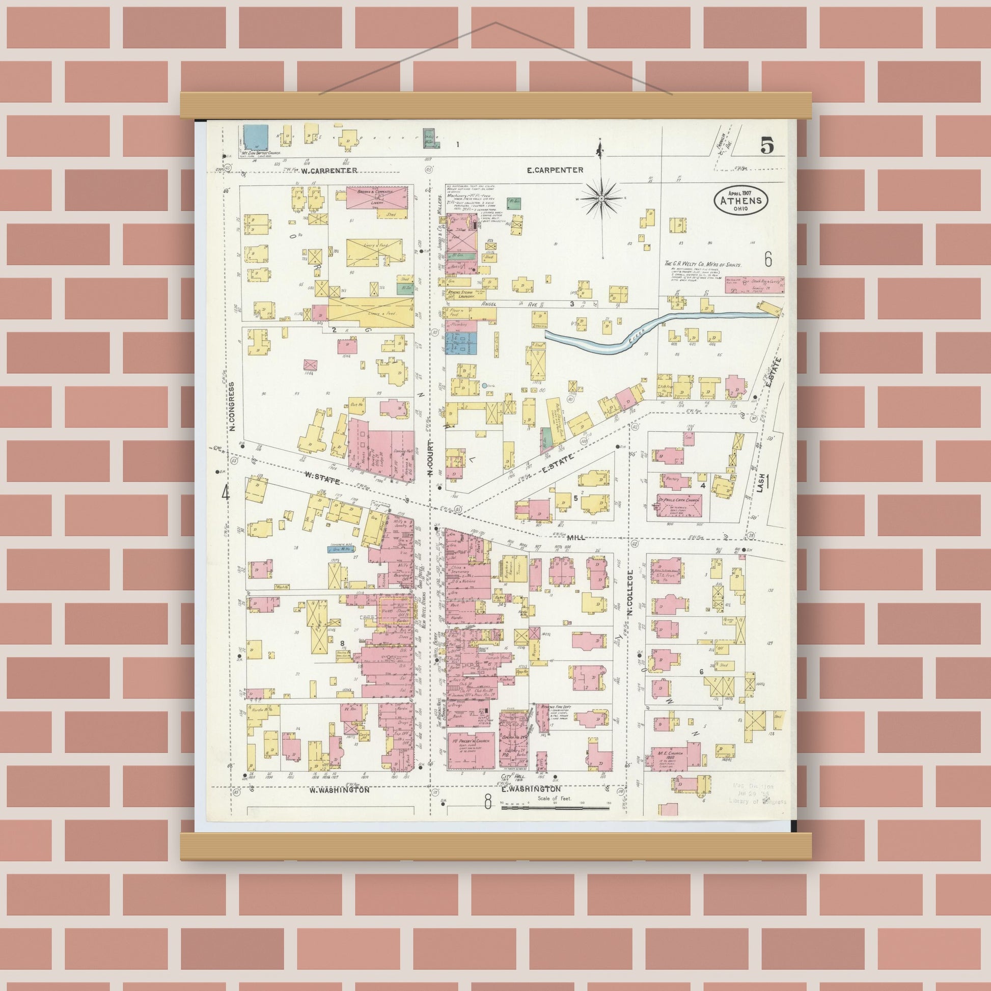 Old map wall art mockup — magnetic wood frame on brick wall — Sanborn Fire Insurance Map from Athens, Athens County, Ohio (1907), Sheet #0005
