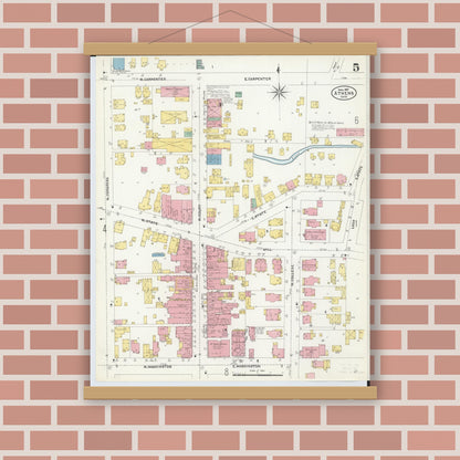 Old map wall art mockup — magnetic wood frame on brick wall — Sanborn Fire Insurance Map from Athens, Athens County, Ohio (1907), Sheet #0005