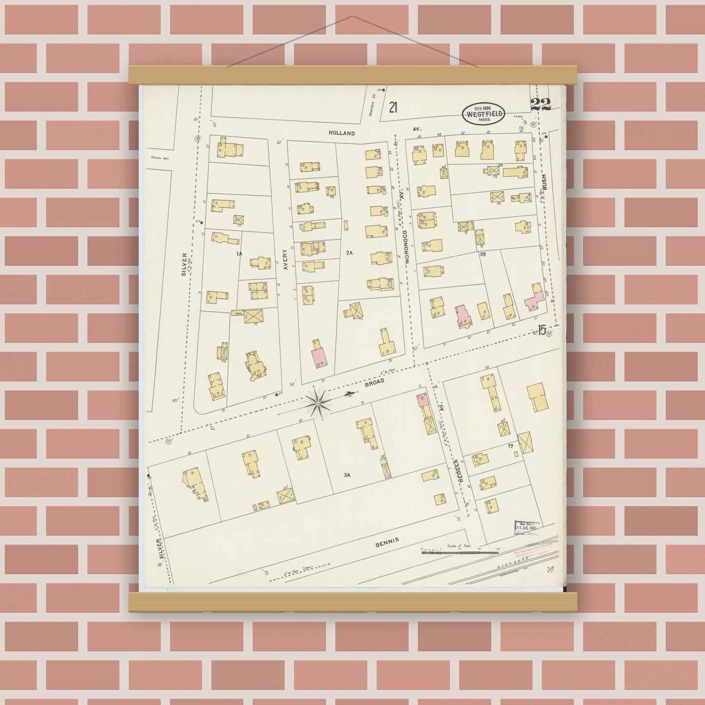 Old map wall art mockup — magnetic wood frame on brick wall — Sanborn Fire Insurance Map from Westfield, Hampden County, Massachusetts (1905), Sheet #0022