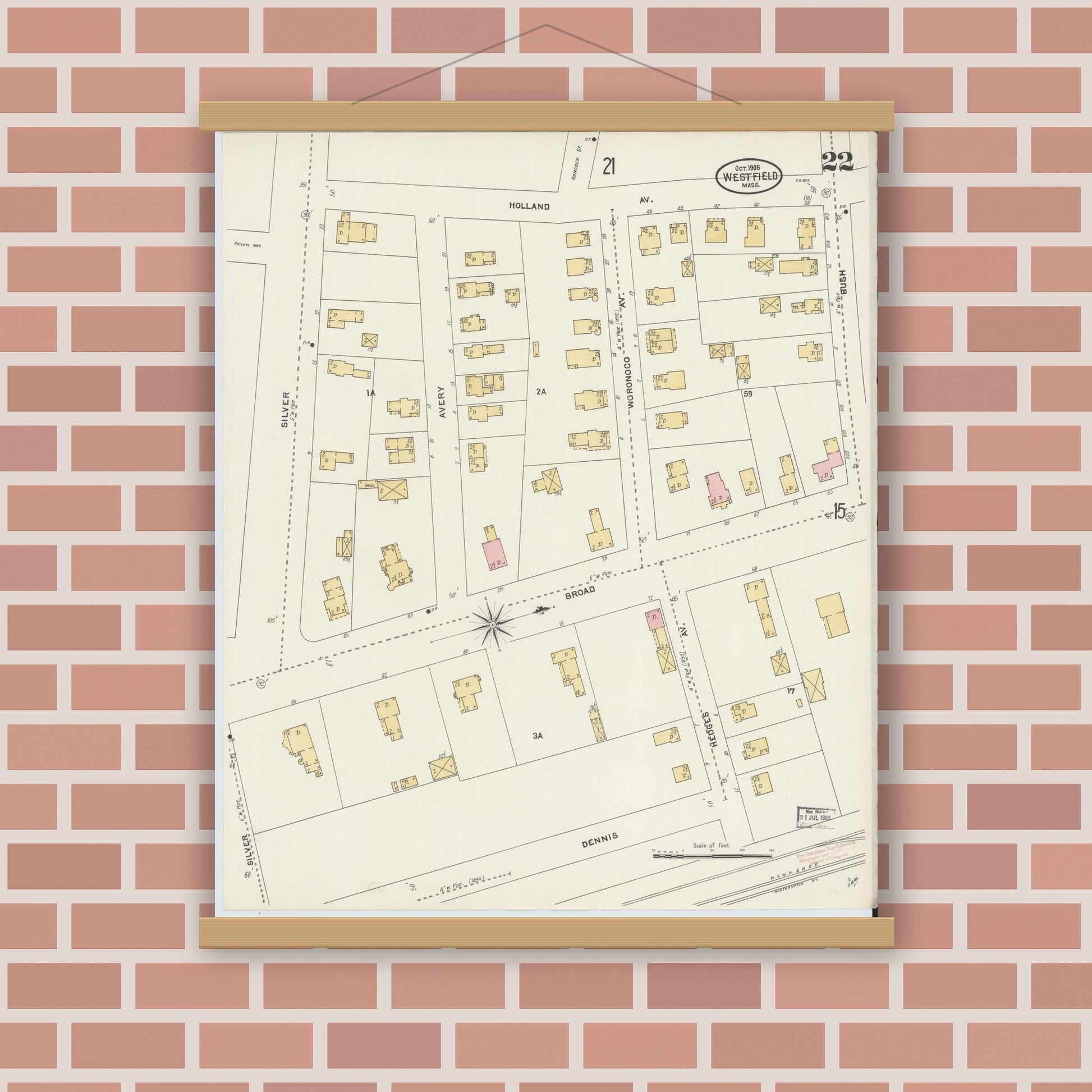 Old map wall art mockup — magnetic wood frame on brick wall — Sanborn Fire Insurance Map from Westfield, Hampden County, Massachusetts (1905), Sheet #0022