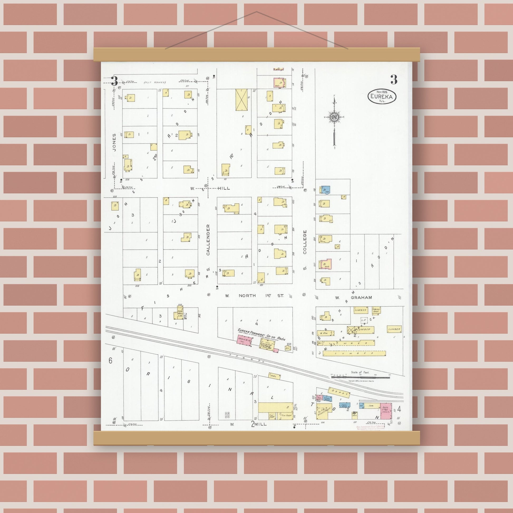 Old map wall art mockup — magnetic wood frame on brick wall — Sanborn Fire Insurance Map from Eureka, Woodford County, Illinois (1926), Sheet #0003