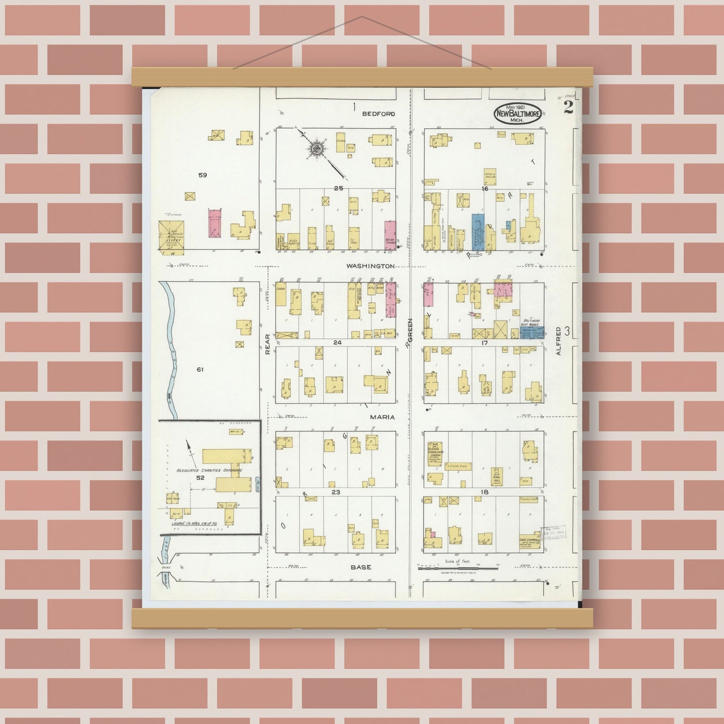 Old map wall art mockup — magnetic wood frame on brick wall — Sanborn Fire Insurance Map from New Baltimore, Macomb County, Michigan (1921), Sheet #0002