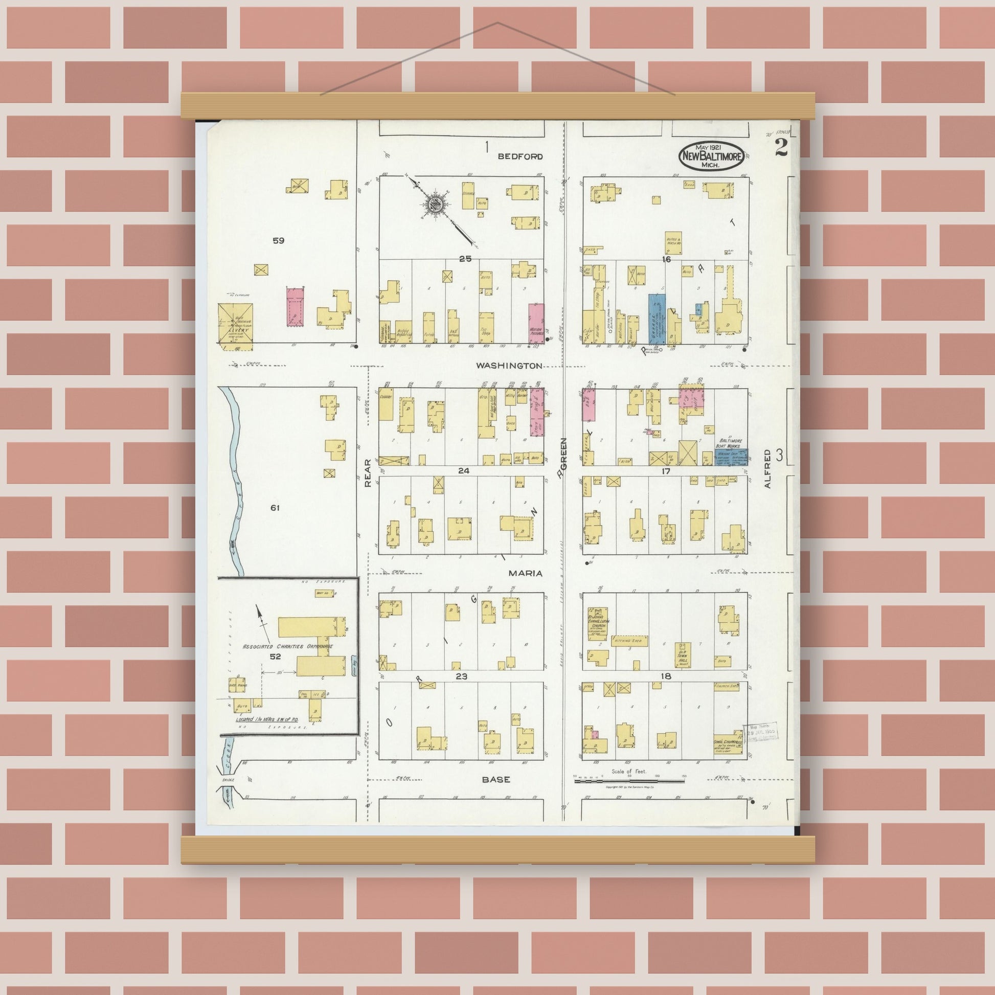 Old map wall art mockup — magnetic wood frame on brick wall — Sanborn Fire Insurance Map from New Baltimore, Macomb County, Michigan (1921), Sheet #0002