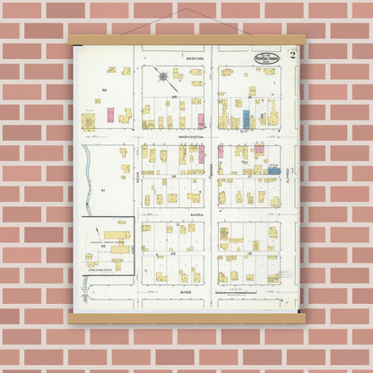Old map wall art mockup — magnetic wood frame on brick wall — Sanborn Fire Insurance Map from New Baltimore, Macomb County, Michigan (1921), Sheet #0002